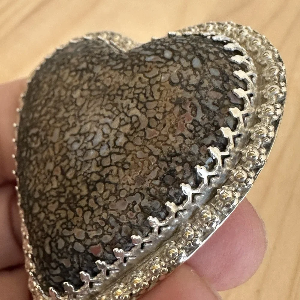 Artisan Heart Ring 8.75 Adjust Fossil Dino Gembone 925 Sterling‎ 27.8g USA Made
